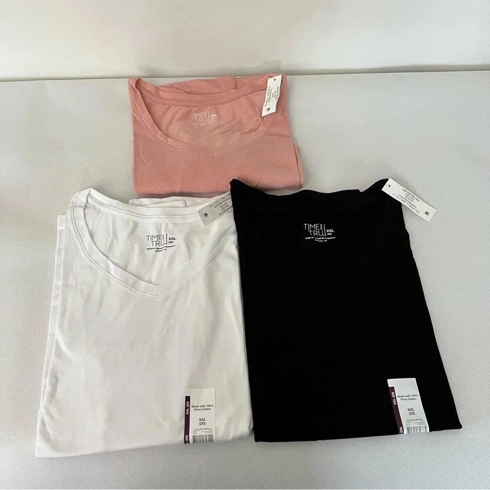 Lot of 3 T-Shirt Pima Cotton V-Neck Size XXLarge (20) Relaxed White /Black/Pink - Picture 2 of 8
